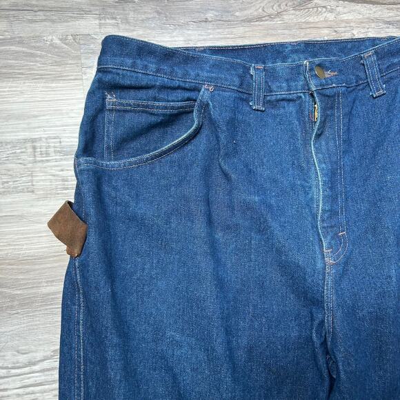 JD American Workwear Jeans Blue Denim Brown Suede Patch Carpenter Pants 40x28 - Picture 2 of 9